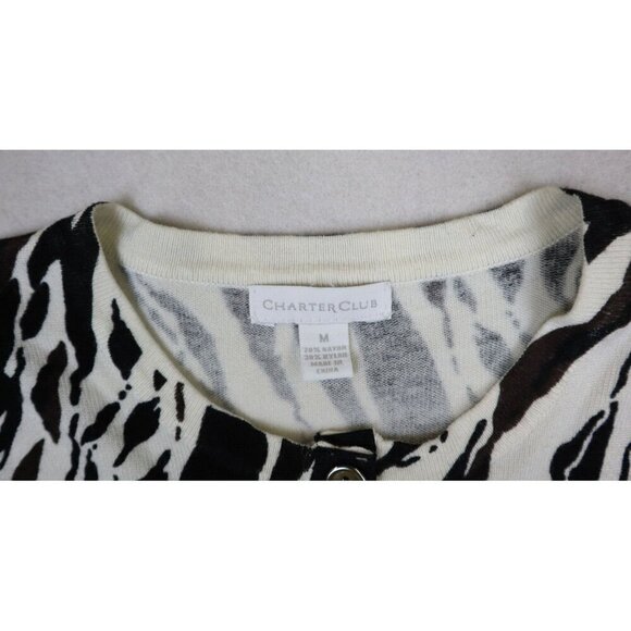 CHARTER CLUB - BLACK BROWN IVORY ZEBRA PRINT 3/4 SLEEVE CARDIGAN SWEATER - M - Picture 5 of 7